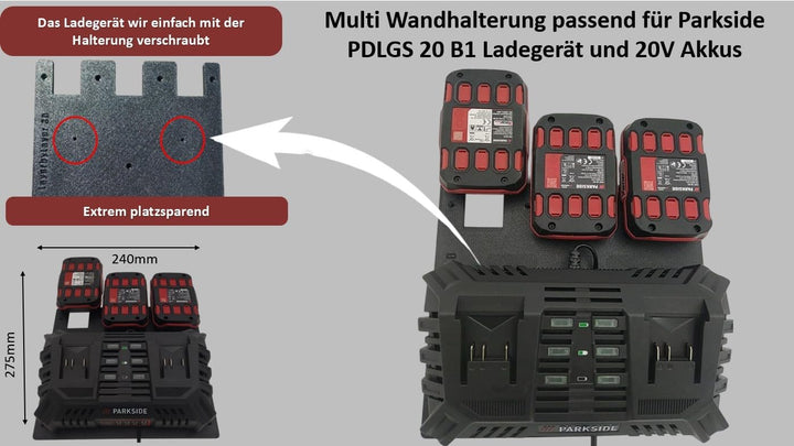 Wandhalterung Akkuhalter Ladegeräthalterung Wandhalterung passend Parkside 20 V Akku-Doppelladegerät