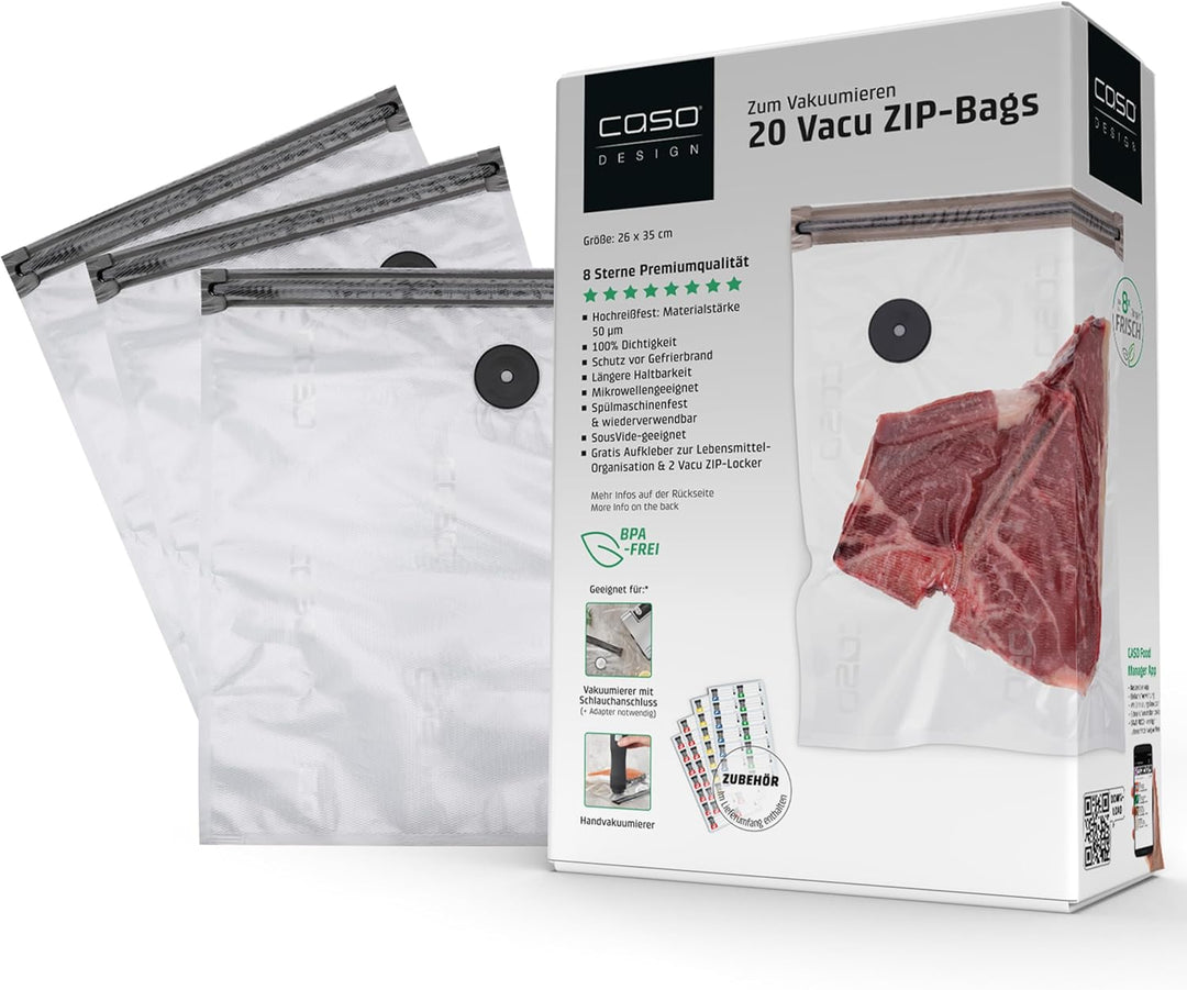 CASO Vacu ZIP-Bags 26x35 cm, 20 Beutel, SousVide geeignet, BPA Frei, mit 150 µm besonders stark, rei