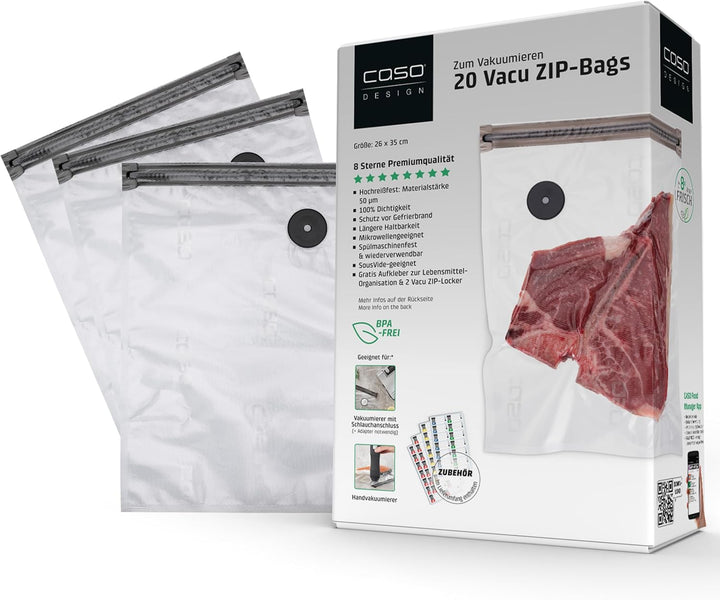 CASO Vacu ZIP-Bags 26x35 cm, 20 Beutel, SousVide geeignet, BPA Frei, mit 150 µm besonders stark, rei