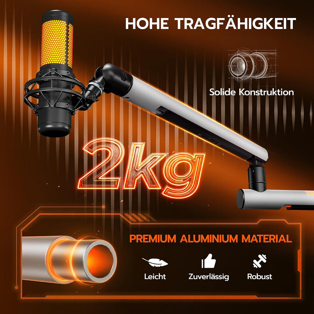 ARES WING Gaming Mikrofon Arm mit RGB Licht, Mikrofonständer mit 360° drehbarem Schwenkarm, kompatib