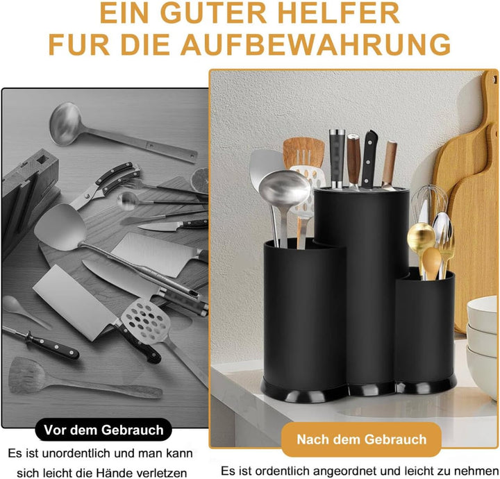 3 in 1 Messerblock Ohne Messer Schwarz Küchenutensilienhalter Messerhalter mit Schlitzen Knife Holde
