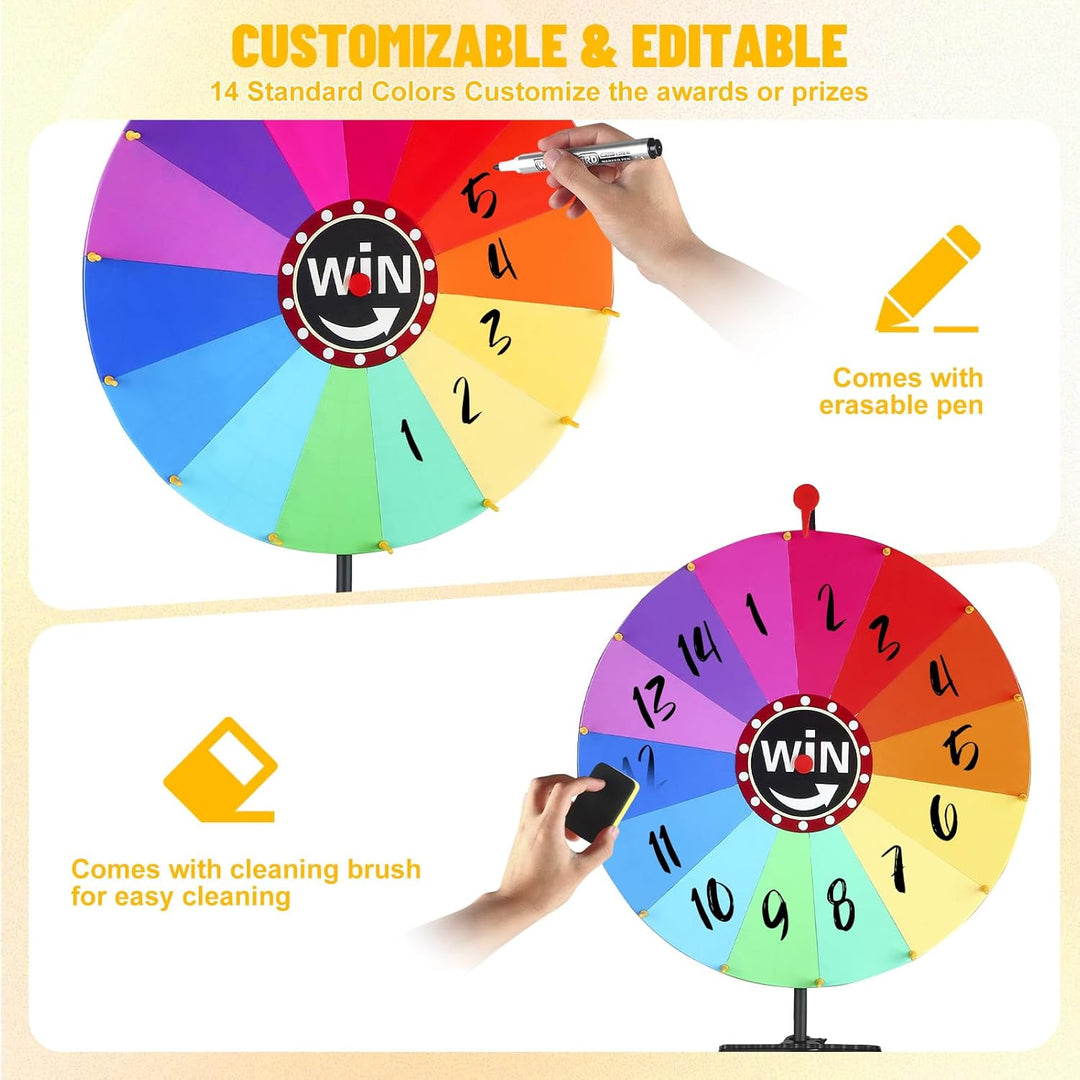 60 cm Glücksrad zum Drehen Gross, Glücksrad zum Delbstgestalten, mit 360°-Drehrollen, 14 Anpassbare