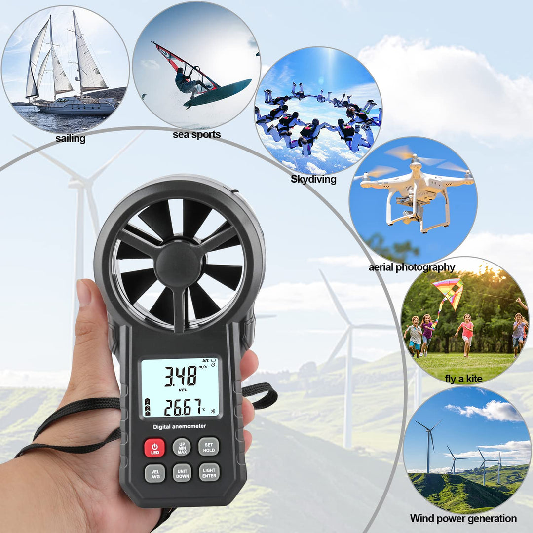 Digitaler Windmesser Anemometer, tragbarer Luftdurchflussmesser mit USB und Bluetooth, CFM-Messgerät