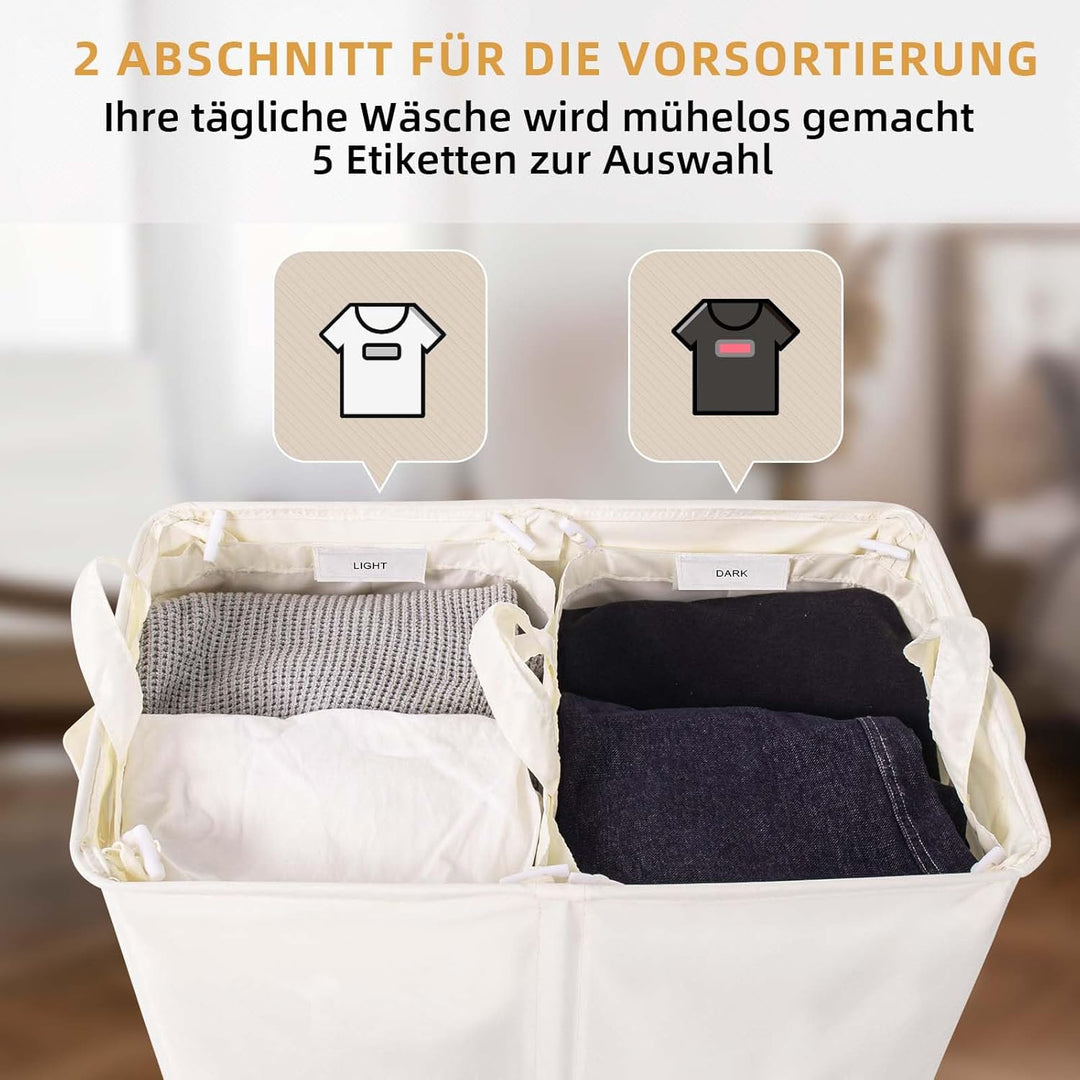 Wäschekorb mit Deckel 135L, Grosse Wäschesammler 2 Fächer mit Griffen, Beige | Wäschesortierer und H