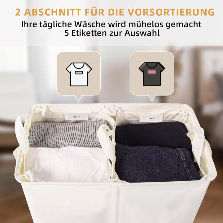 Wäschekorb mit Deckel 135L, Grosse Wäschesammler 2 Fächer mit Griffen, Beige | Wäschesortierer und H