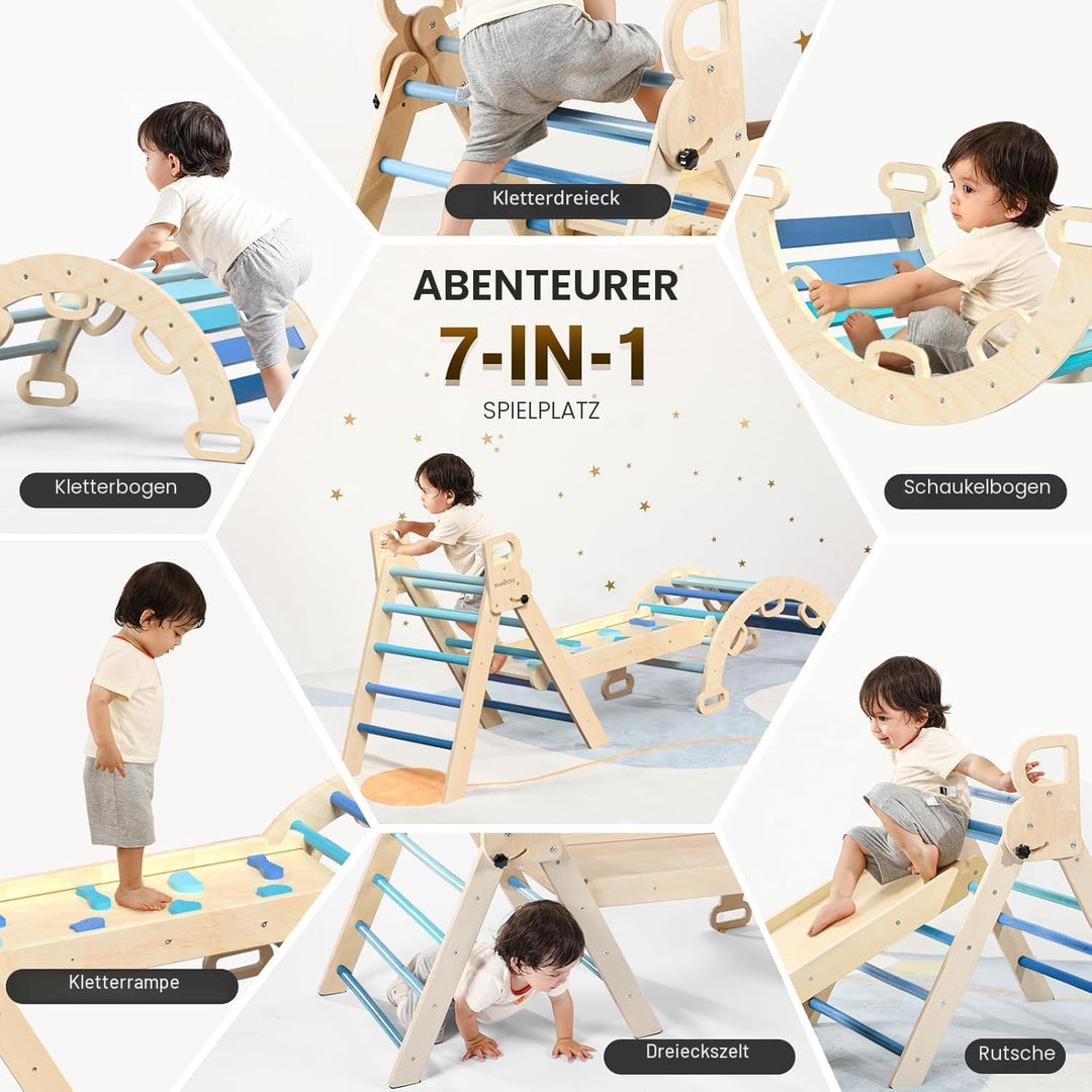 BlueWood 7-in-1 Montessori Kletterdreieck mit Kletterbogen und Rutsche, Holzdreieck für Kleinkinder,