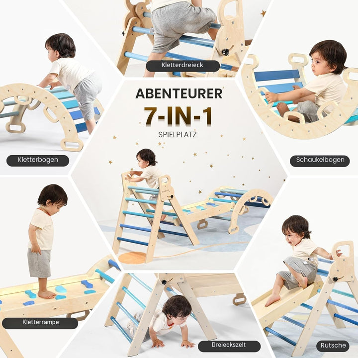 BlueWood 7-in-1 Montessori Kletterdreieck mit Kletterbogen und Rutsche, Holzdreieck für Kleinkinder,