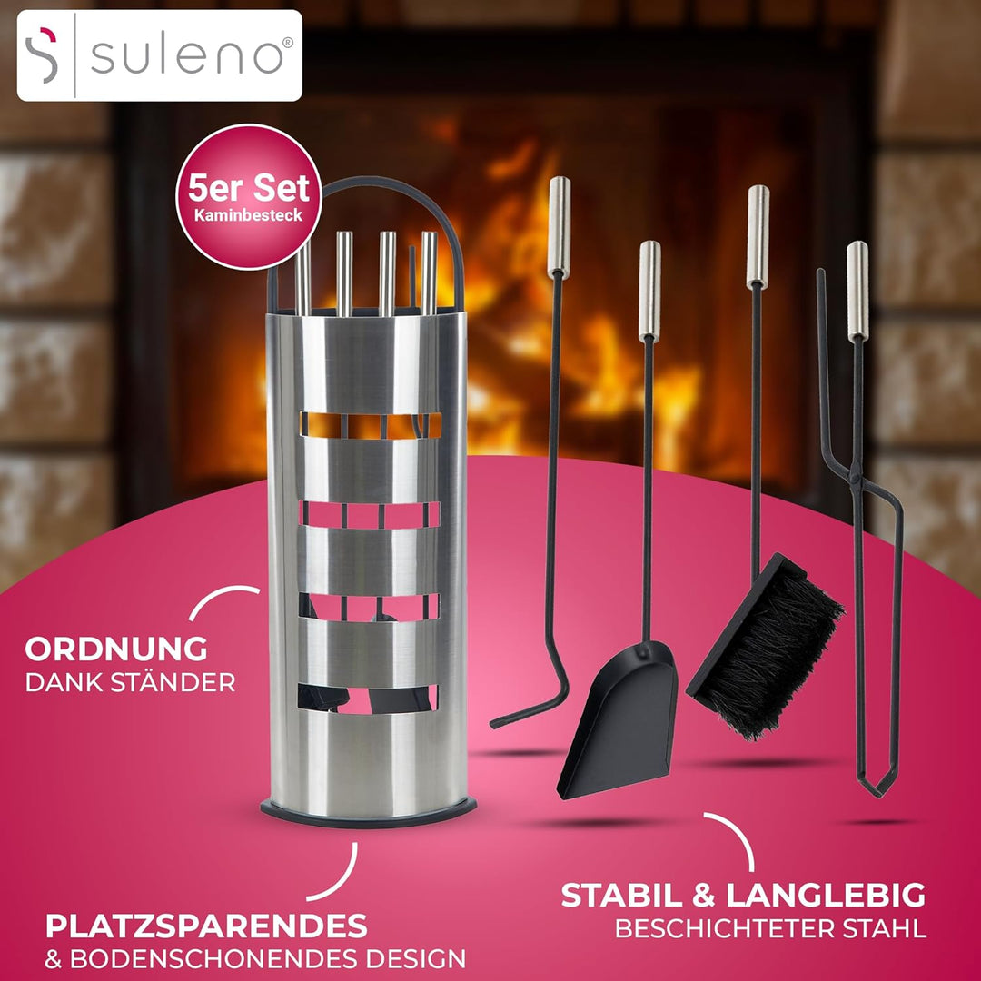 SULENO Kaminbesteck LONDON 5-teilig Kamingarnitur mit Ascheschaufel Besen Schürhaken, Kaminset & Hal