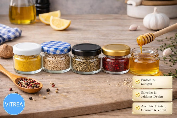 Vitrea 25x Mini Marmeladengläser 30 ml - mit Deckel Obst TO 43 - kleine Einmachgläser zum befüllen m
