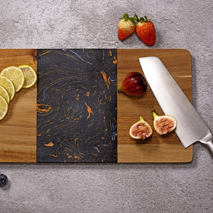 Kadum Servierplatte 40cm x 20cm x 1,4cm | Beidseitig nutzbares Servierbrett aus Marmor und Akazienho