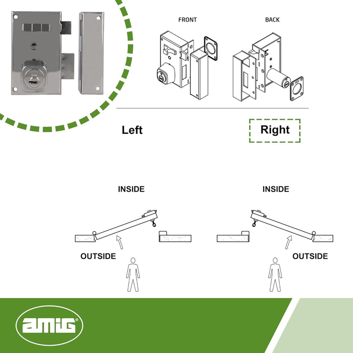 Amig - Aufschraubschloss DIN rechts mit Schliesshebel, Falle und Ziehgriff für Holztüren Mod. 75-67