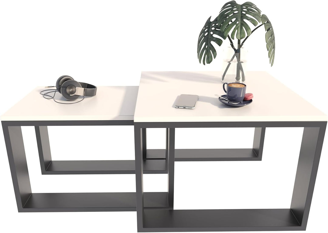 MATKAM Satztisch 2er Set, Couchtisch im Industrie-Stil, hoher Beistelltisch B60 x T60 x H43,3 cm, ni