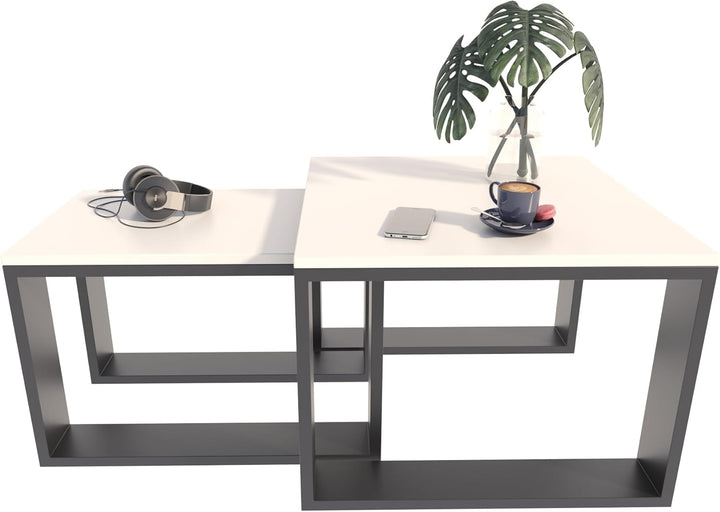 MATKAM Satztisch 2er Set, Couchtisch im Industrie-Stil, hoher Beistelltisch B60 x T60 x H43,3 cm, ni