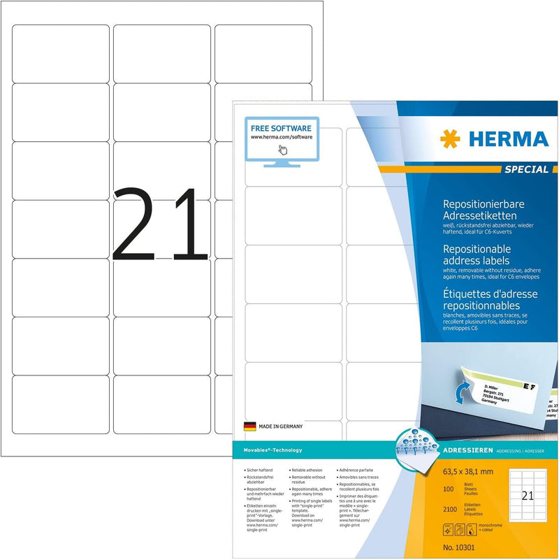 HERMA 10301 Universal Etiketten ablösbar, 100 Blatt, 63,5 x 38,1 mm, 21 Stück pro A4 Bogen, 2100 Auf