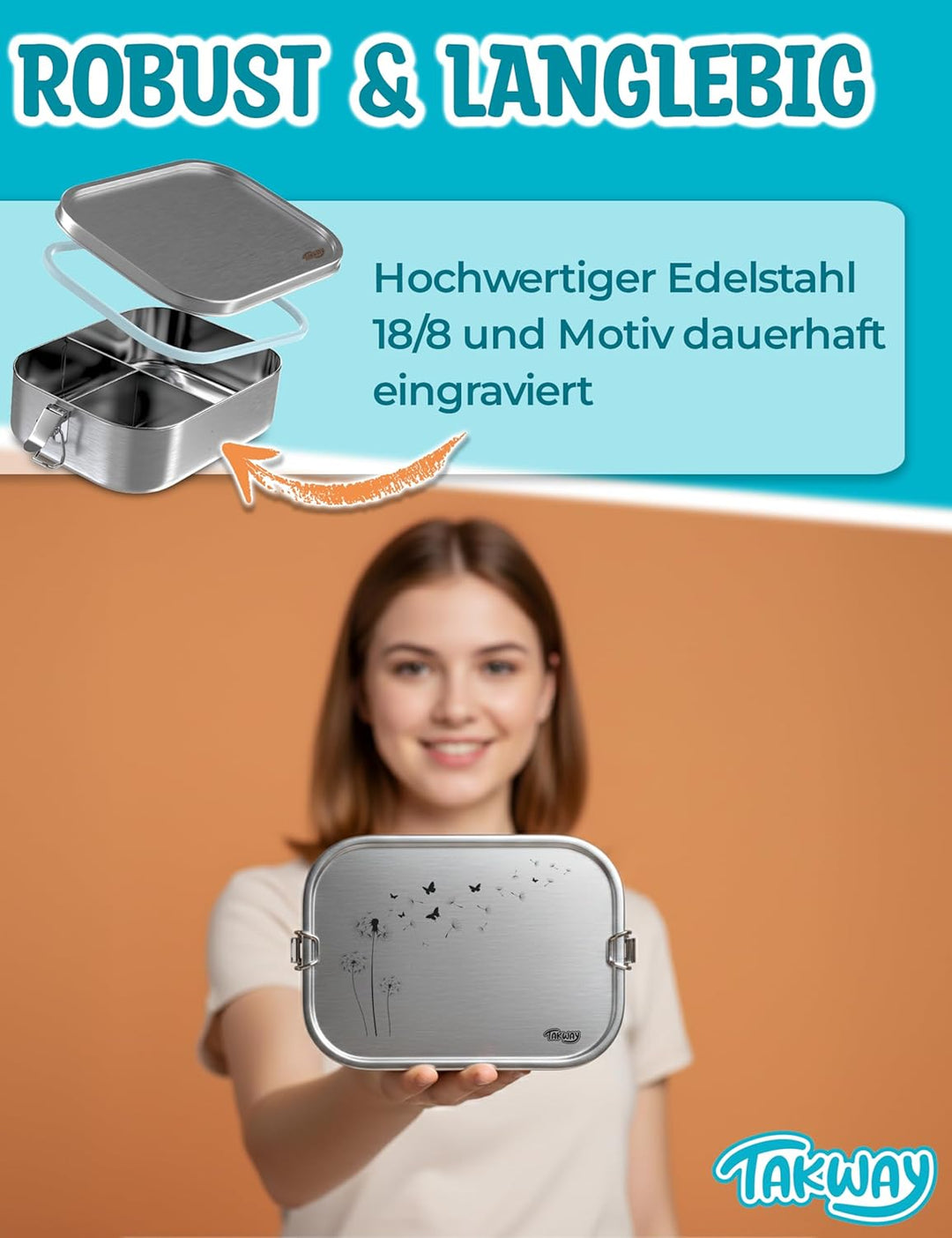 Edelstahl Brotdose mit Fächern 1200ml – Auslaufsichere Lunchbox mit Unterteilung für Kinder & Erwach