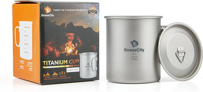 finessCity Camping Becher mit Deckel, Strong, Lightweight Camping Becher mit Messmarkierungen, Titan