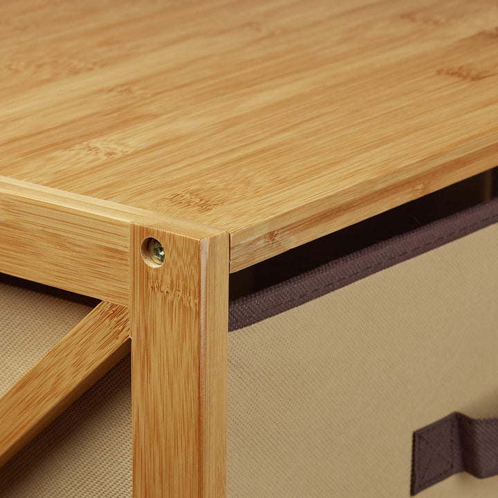 Relaxdays Regal Bambus mit Korb, 2 Ablagen, Holz Standregal, Badregal, Faltbox, HxBxT: 54 x 42 x 29