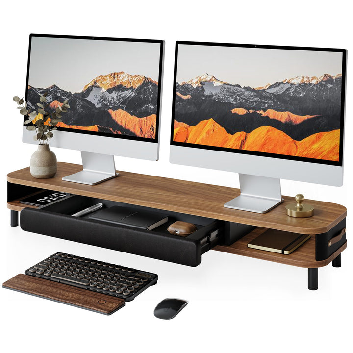 Fenge Dual Monitorständer mit Schublade, 108cm Bildschirmerhöhung mit Aluminiumbeinen & Ledergriff,