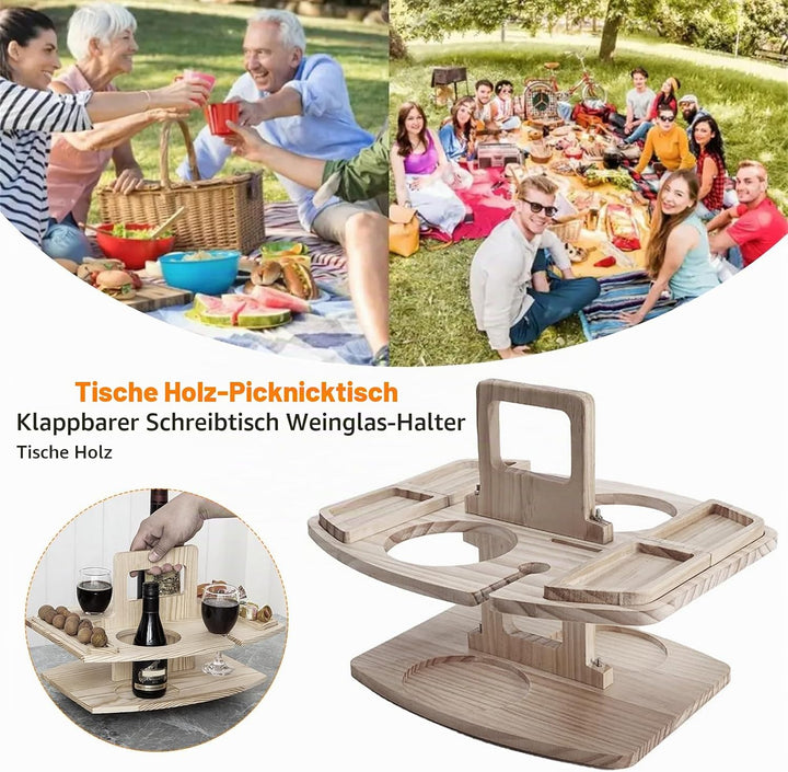 Picknick Weintisch, Klappbarer Picknicktisch mit Rotweinglashalter, Hölzerner Mini Snack Tablett, Tr