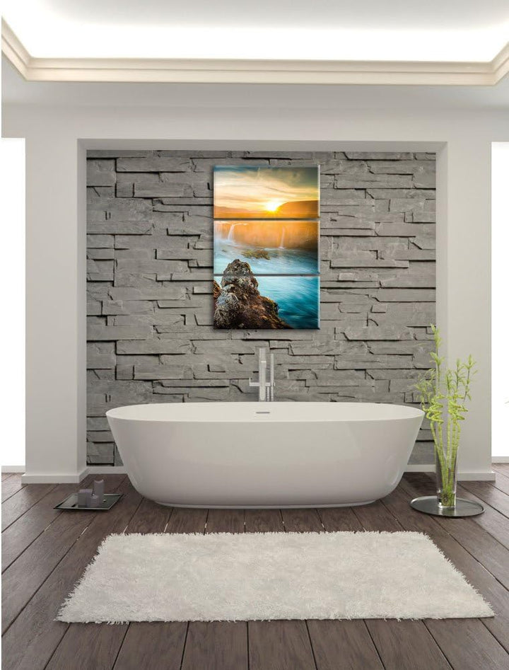 Pixxprint Wasserfall im Sonnenuntergang 3-Teiler Leinwandbild 120x80 Bild auf Leinwand