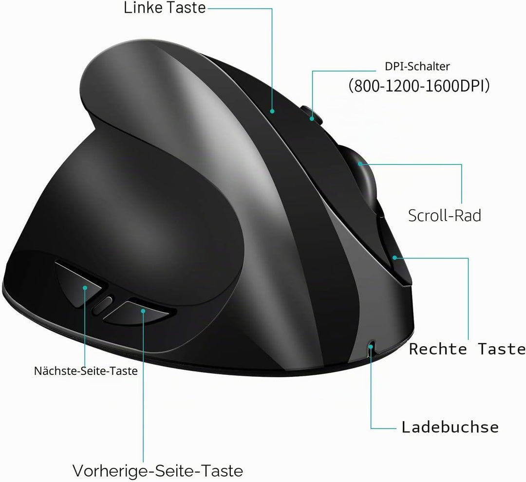 AURTEC Linkshändermaus, wiederaufladbare 2,4G-Drahtlos-Ergonomische Vertikalmäuse mit USB-Empfänger,