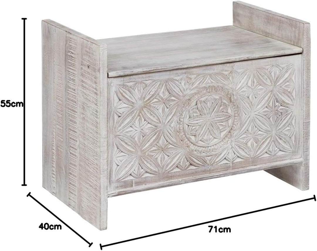 Woodkings® Sitzbank Mackay, Mangoholz massiv, Flurmöbel Vintage weiss, Schuhschrank, Truhe, Holzbank