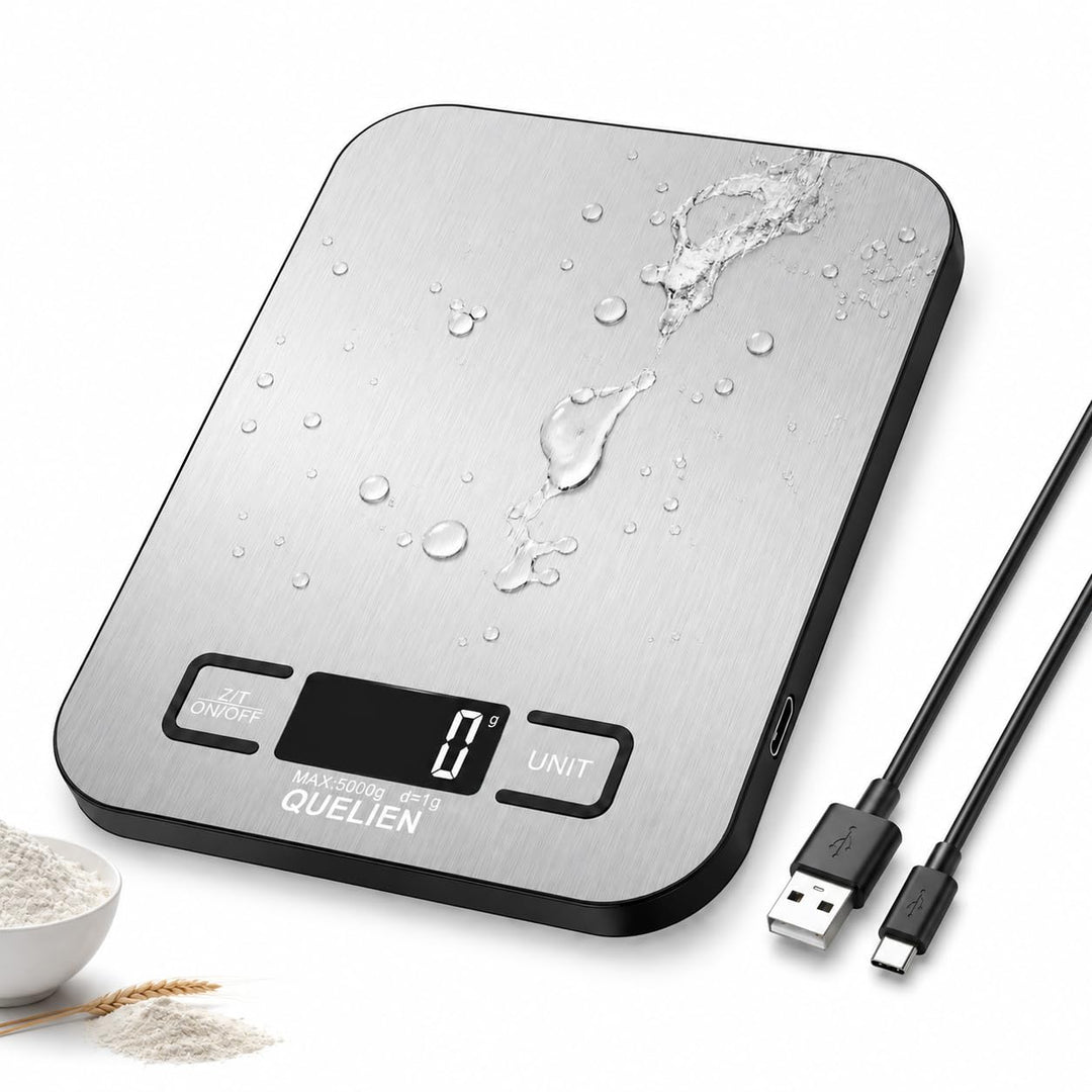 Digitale Küchenwaage Aus Edelstahl, USB-Aufladbar, 5 kg/1 g Präzision, 6 Einheiten, Tara-Funktion, L