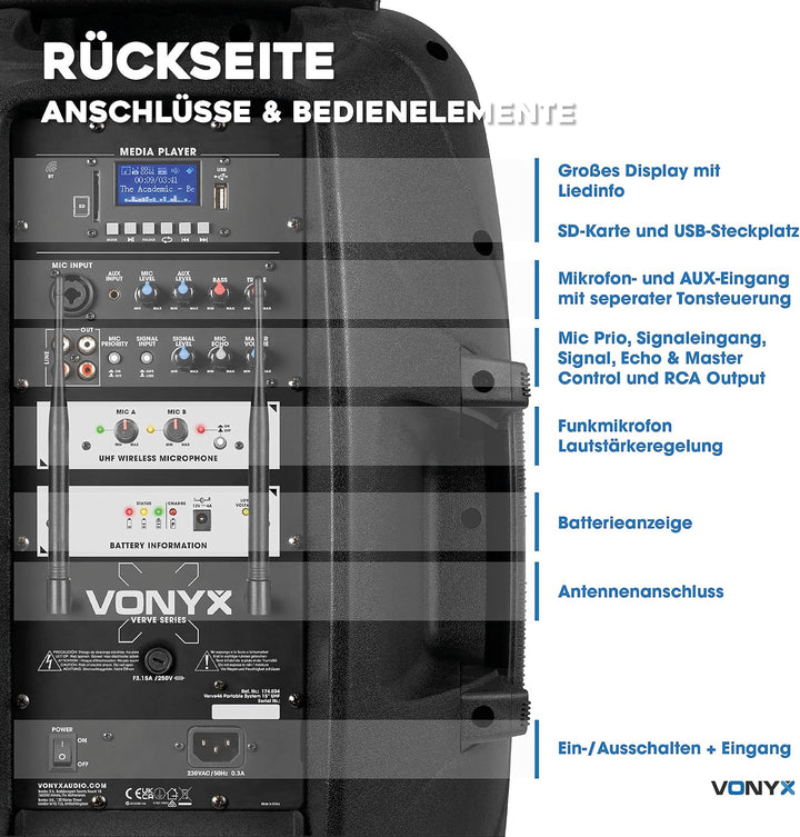 Vonyx Verve46 - Partybox Bluetooth Lautsprecher Gross, 15 Zoll, 1000 Watt, Mobile Akku PA Anlage, Ka
