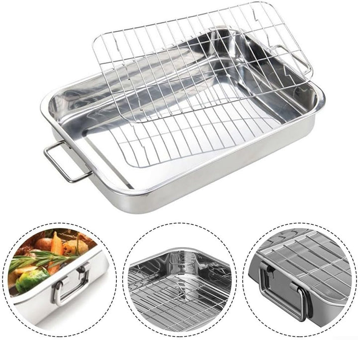 Bräter-Set, Edelstahl-Ofenpfanne mit Stahldraht, Backblech, Bräter, Grillrost mit Rost für Komfort (