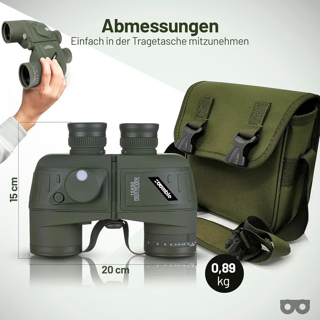 Zoomble 10x50 Marine-Fernglas für Erwachsene | Fernglas mit Entfernungsmesser und Kompass | Verrekij