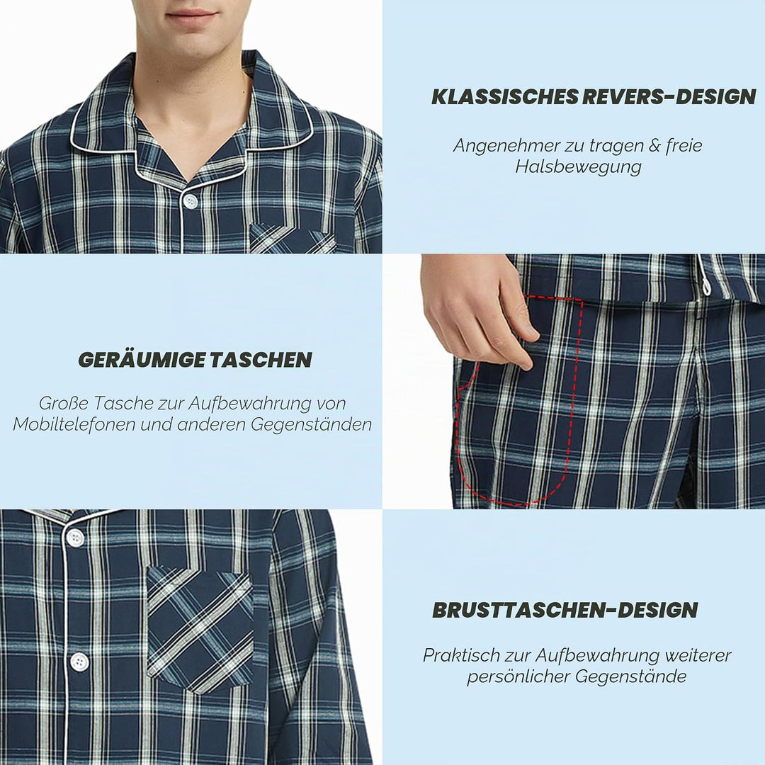 Vulcanodon Herren Baumwolle Pyjama Set kariert, Button Down Schlafanzug für Herren Nachtwäsche S Dun