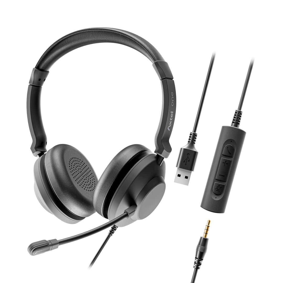 Ein UC35 Stereo-Headset mit Kabel – USB & 3,5-mm-Klinkenstecker, Dual-Mikrofon mit Geräuschunterdrüc