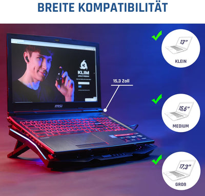 KLIM Halo + Laptop Kühler mit RGB Beleuchtung + 11" - 17" + Gaming Laptop Lüfter Pad für den Schreib