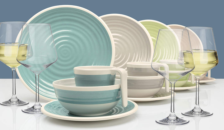 Melamin Camping Geschirr Set 1-4 Personen Harmonie 16-32 Teilig + Gläser Wassergläser Weingläser Cha