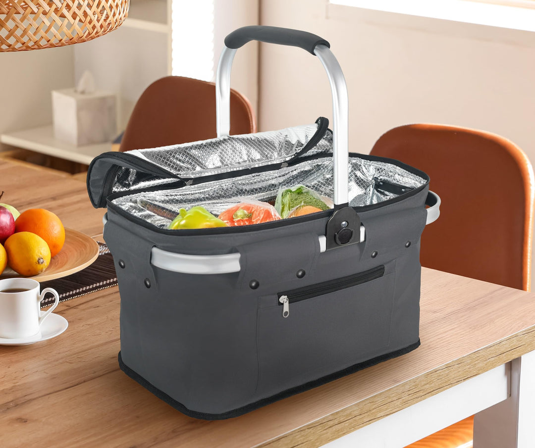 Alu Einkaufskorb Thermo Korb Klapp Kühltasche faltbar Picknick Camping Blau Grau Schwarz (Grau), Gra