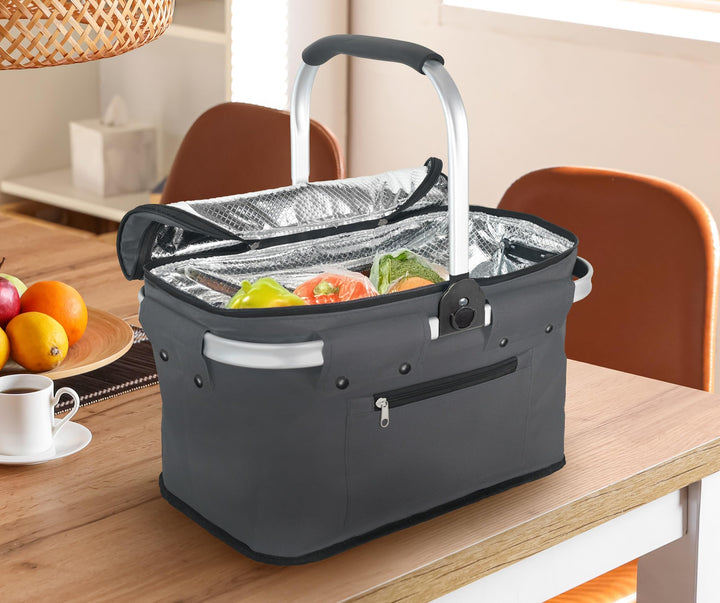Alu Einkaufskorb Thermo Korb Klapp Kühltasche faltbar Picknick Camping Blau Grau Schwarz (Grau), Gra