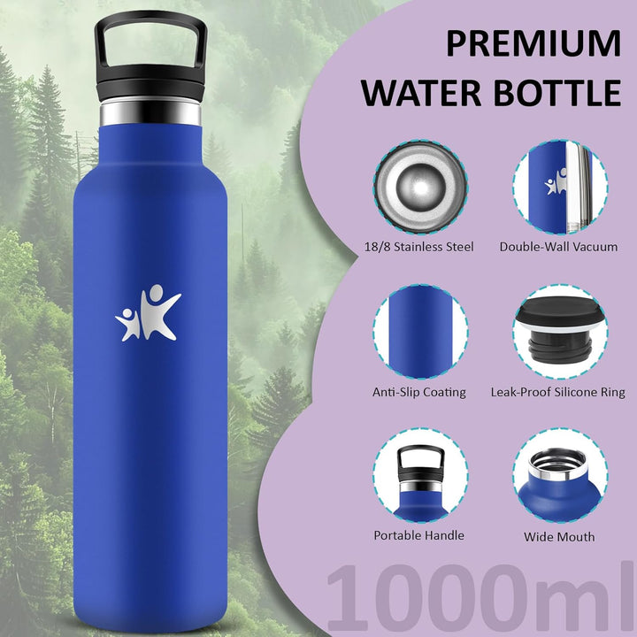 Trinkflasche Edelstahl, Trinkflasche 1l, Doppelwandige Vakuumisolierte, Wasserflasche mit Strohhalm,