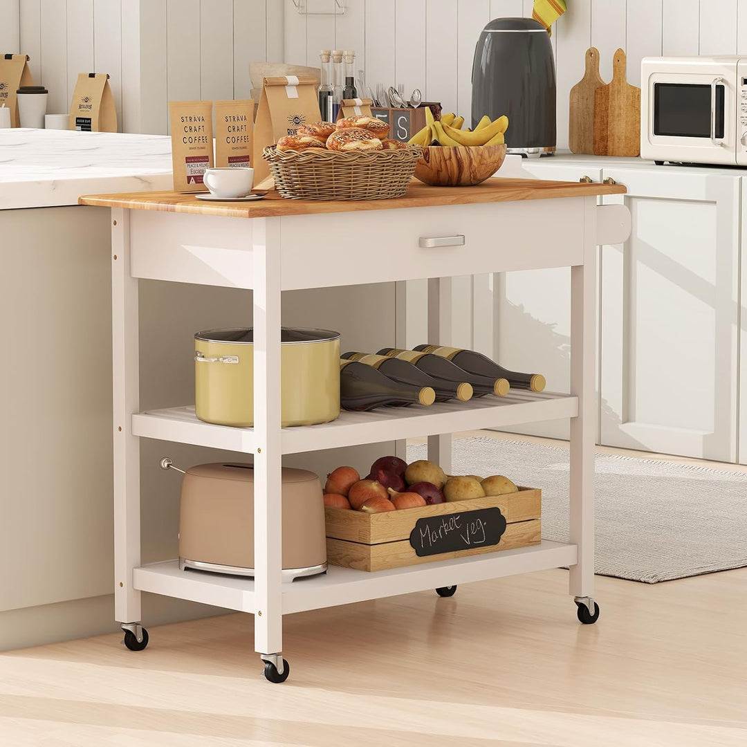COSTWAY Küchenwagen, Mobile Kücheninsel mit Arbeitsplatte, 3-stöckiger Küchenrollwagen mit 2 offenen