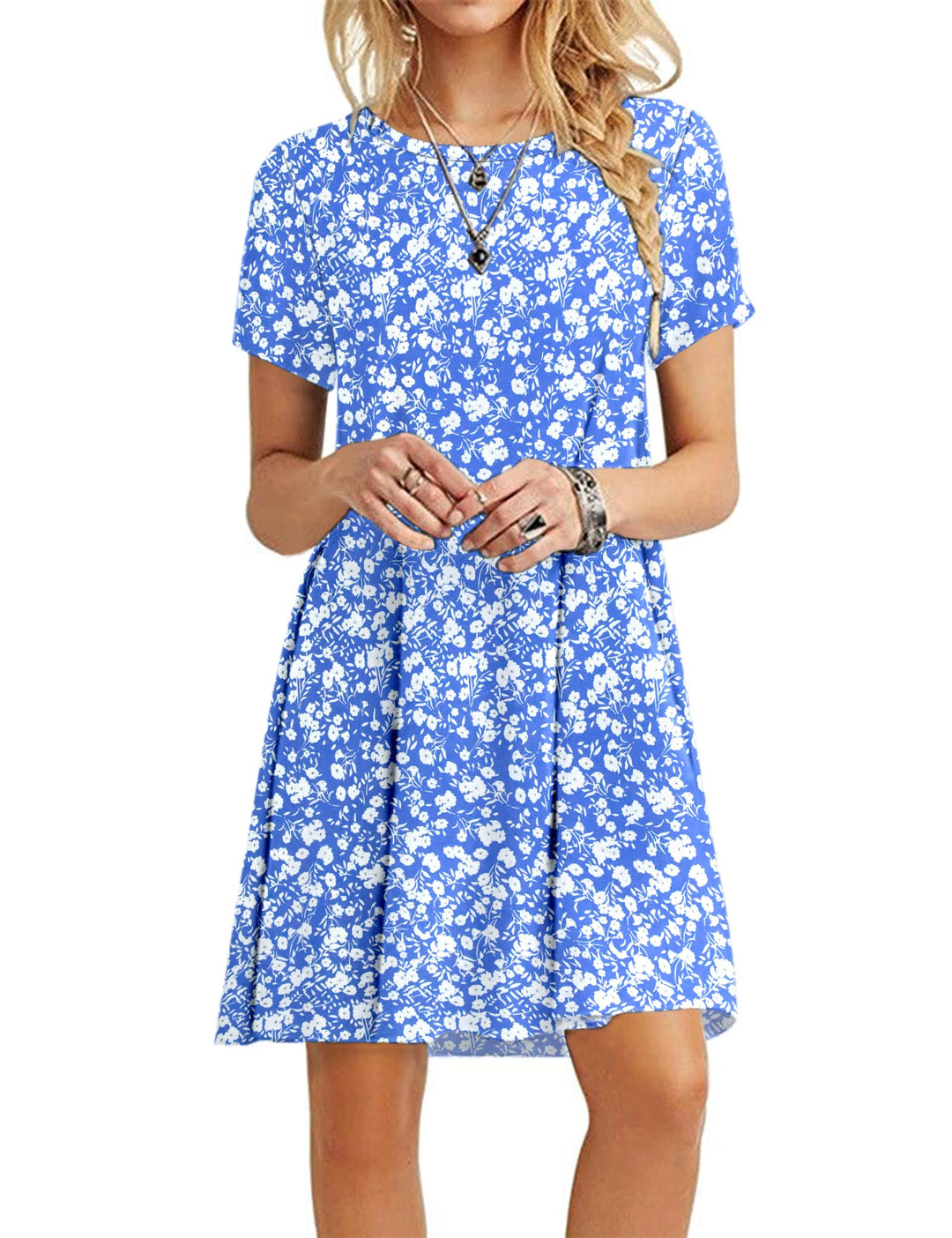 MOLERANI Damen Sommerkleider Casual T-Shirt Kurzarm Strandkleid Loose Swing Damenkleid S Blaue, Weis