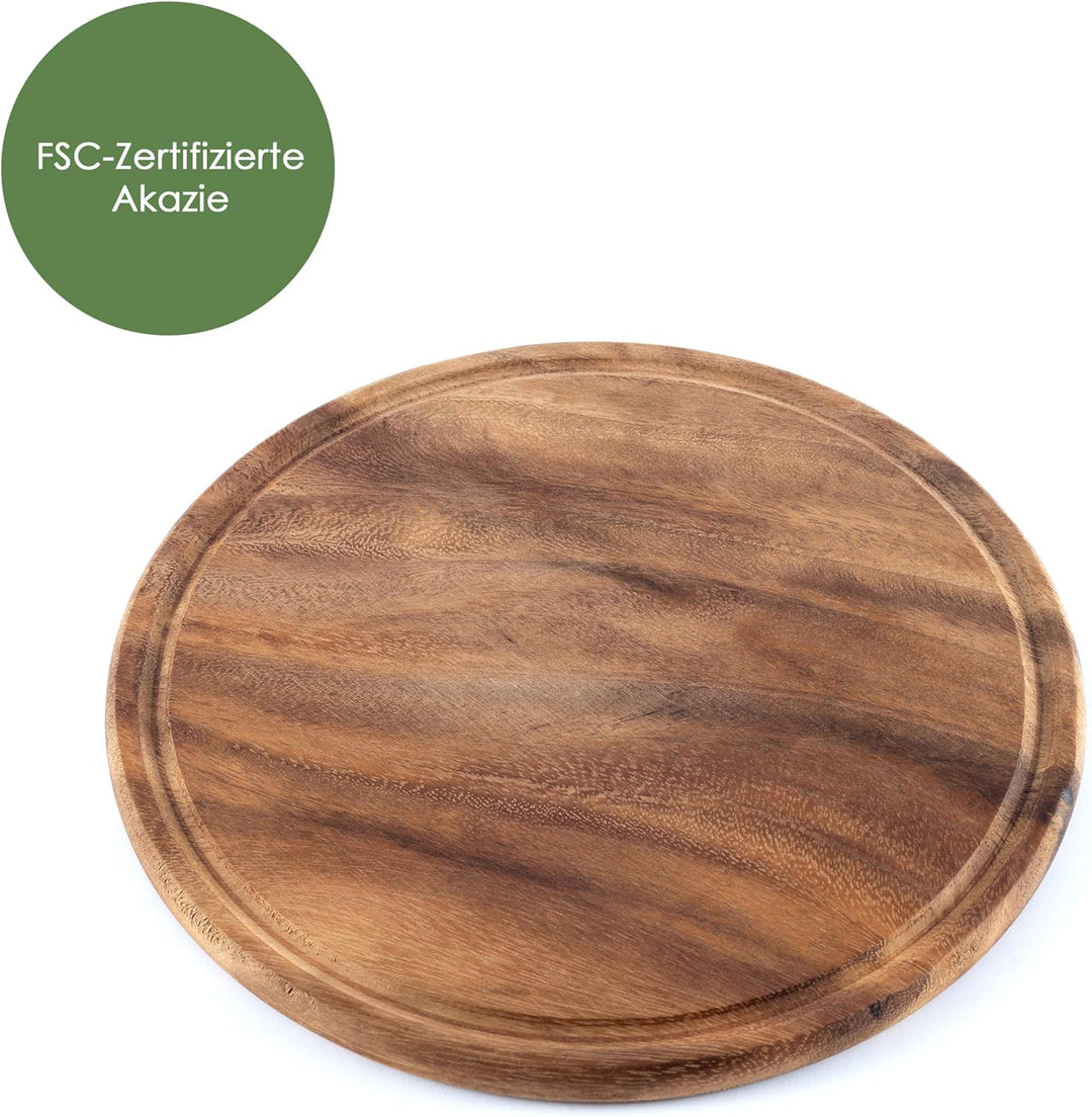 Fleischteller Akazie Ø 25 cm – 4er Set Holzteller rund – Vesperteller, Brotzeitbrett, Servierbrett,