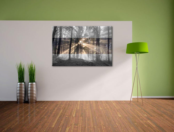 Herbstwald im Nebel schwarz/weiss Format: 100x70 auf Leinwand, XXL riesige Bilder fertig gerahmt mit