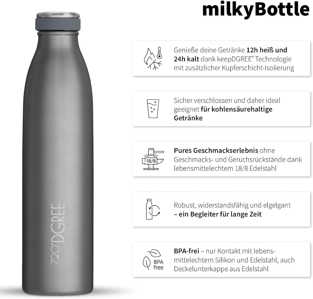 720°DGREE Edelstahl Trinkflasche “milkyBottle” - 750ml - BPA-Frei, Auslaufsicher, Kohlensäure geeign