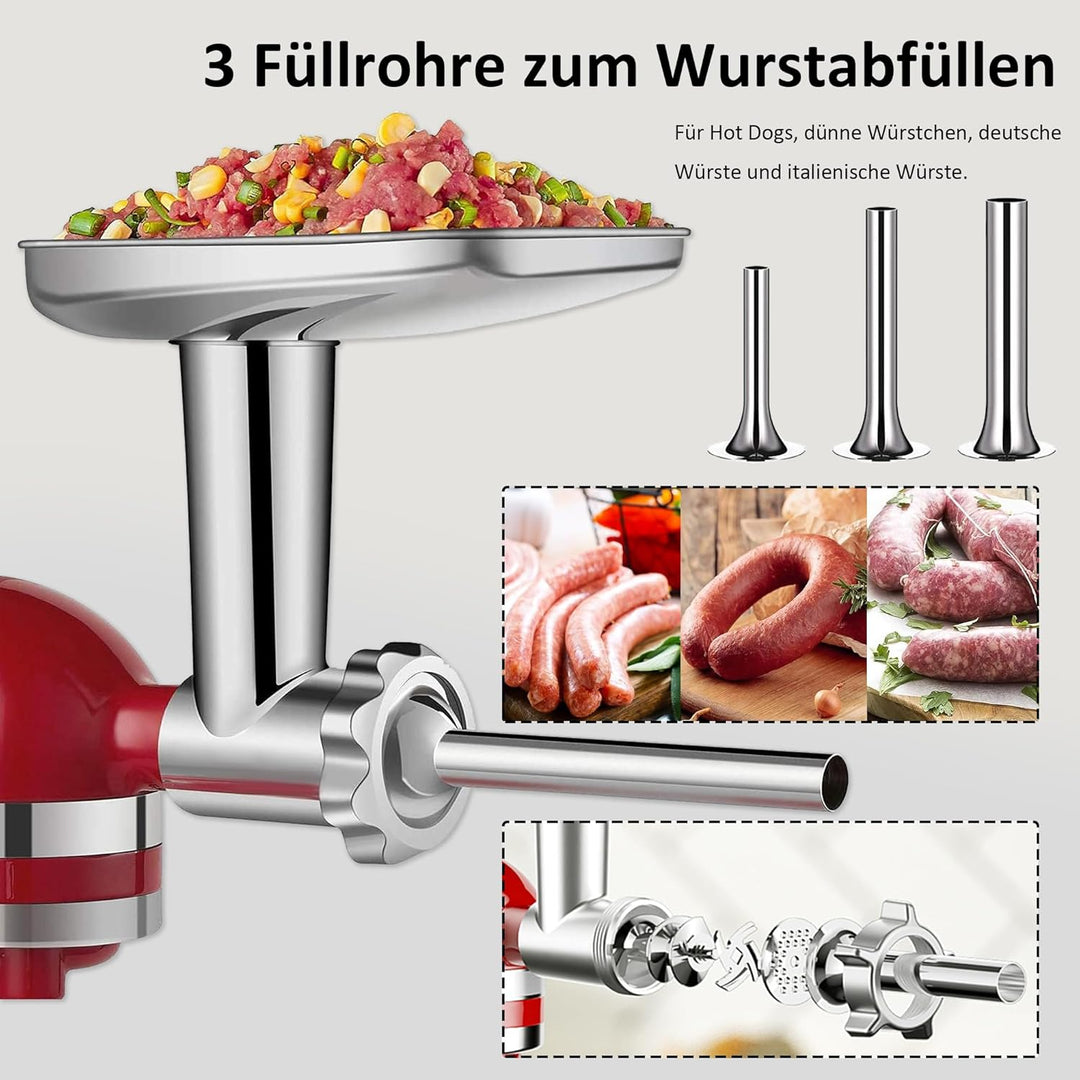 Edelstahl Fleischwolf Aufsatz für Kitchenaid, Mit 4 Gemüseschneideaufsatz 4 Mahlscheiben 3 Klingen 3