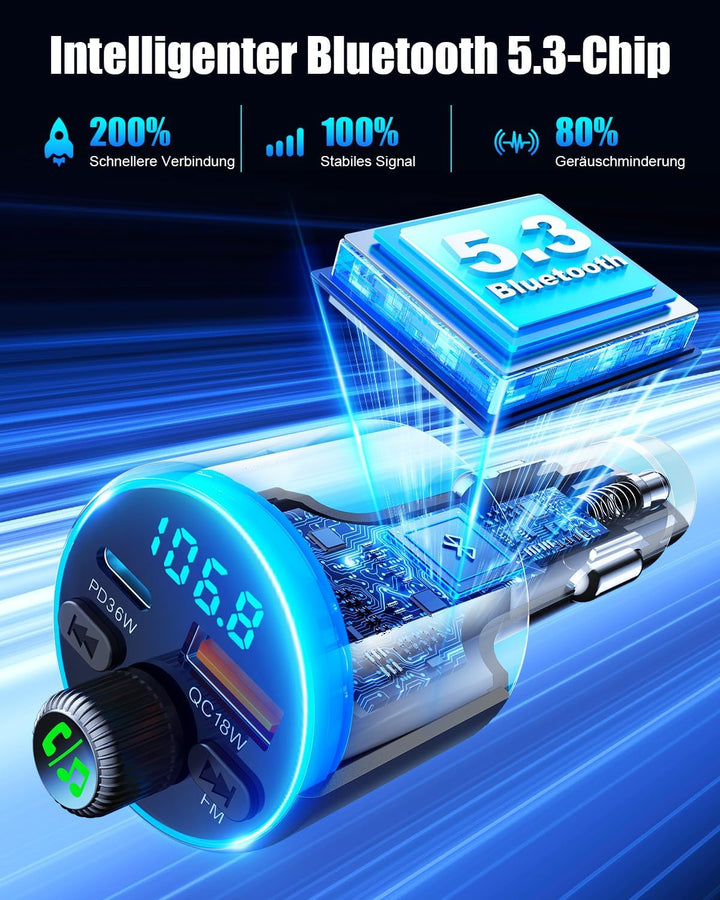 EOIWUY Aufgerüsteter Bluetooth Adapter Auto, [Schnellladung] FM Transmitter Auto Bluetooth 5.3 mit P