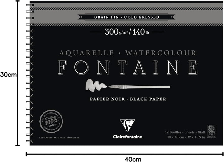 Clairefontaine 975312C - Malblock Fontaine mit Spiralbindung mit 12 Blatt, feine Körnung 300g 30x40c