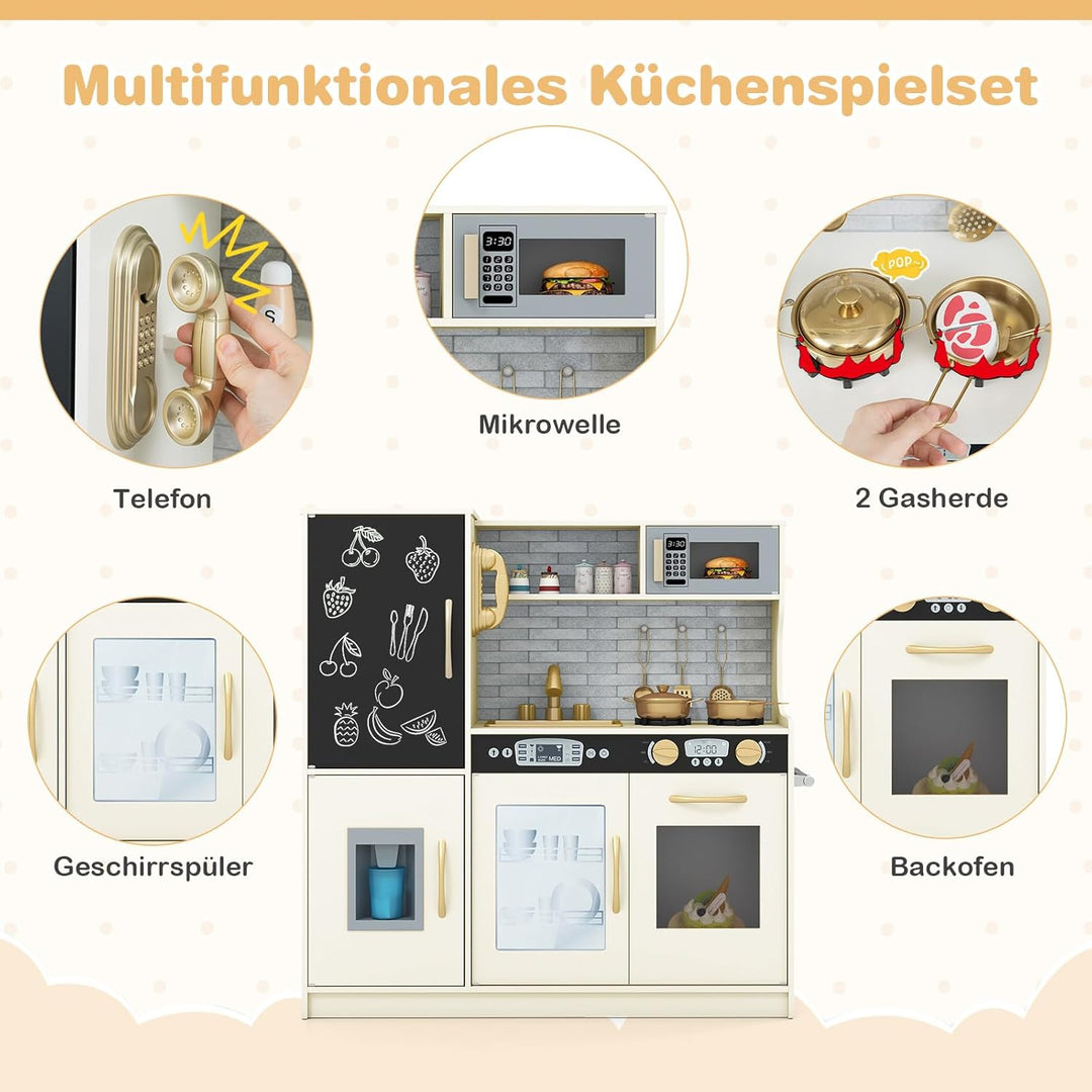 GOPLUS Kinderküche aus Holz, Kinderspielküche mit Mikrowellen, Backofen, Wasserbecken, Kreidetafel &