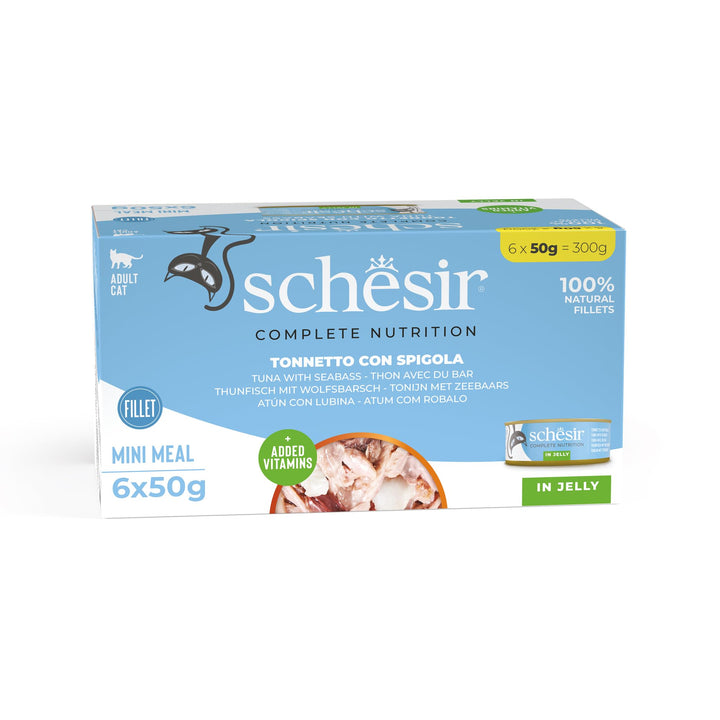 Schesir Cat Jelly Thunfisch mit Wolfsbarsch, Katzenfutter nass in Gelee, 8 x 6 Dosen x 50 g Thunfisc