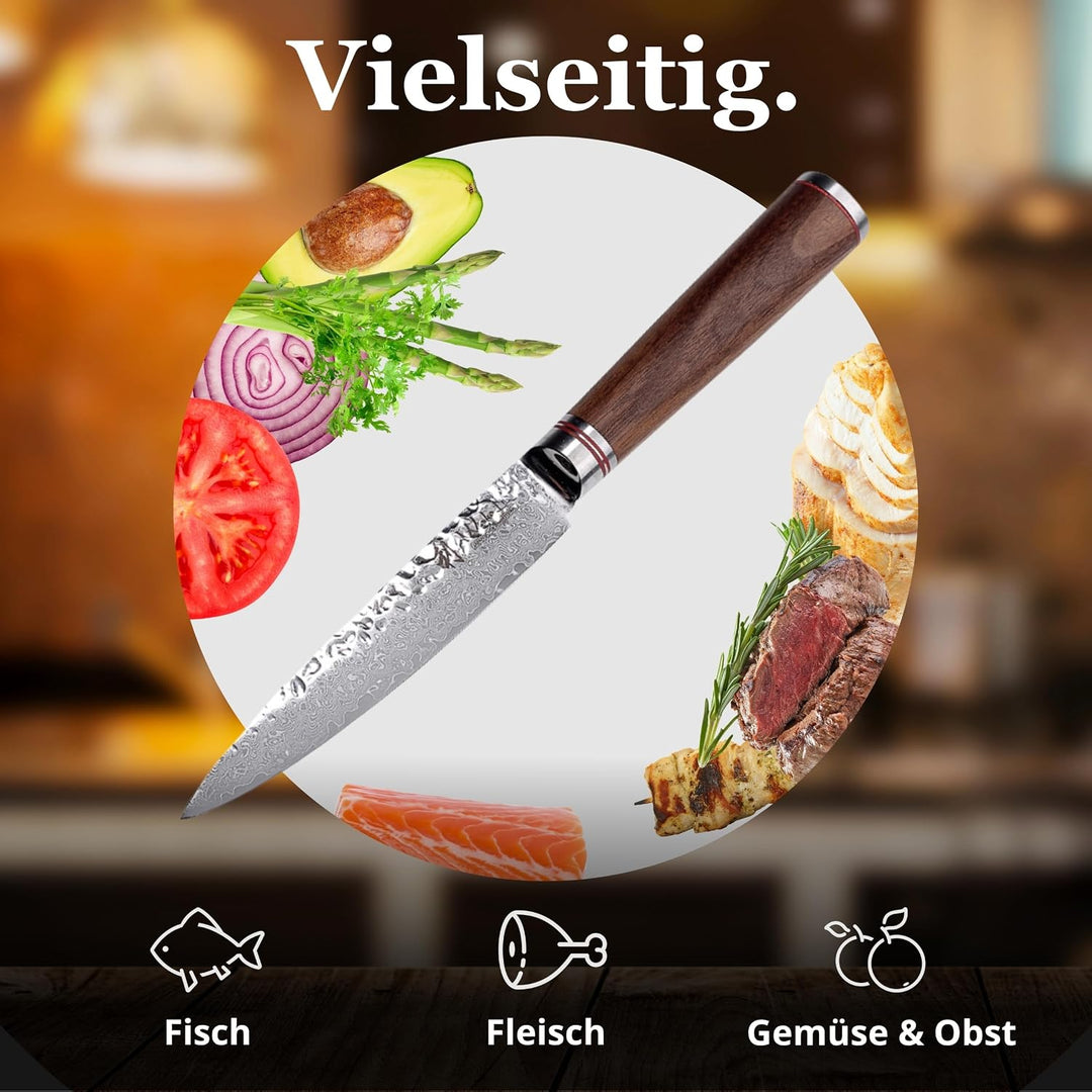 Wakoli Nussbaum Allzweckmesser mit 12,5 cm Klinge aus 67 Lagen Damaststahl mit VG10-Kern, Hammerschl