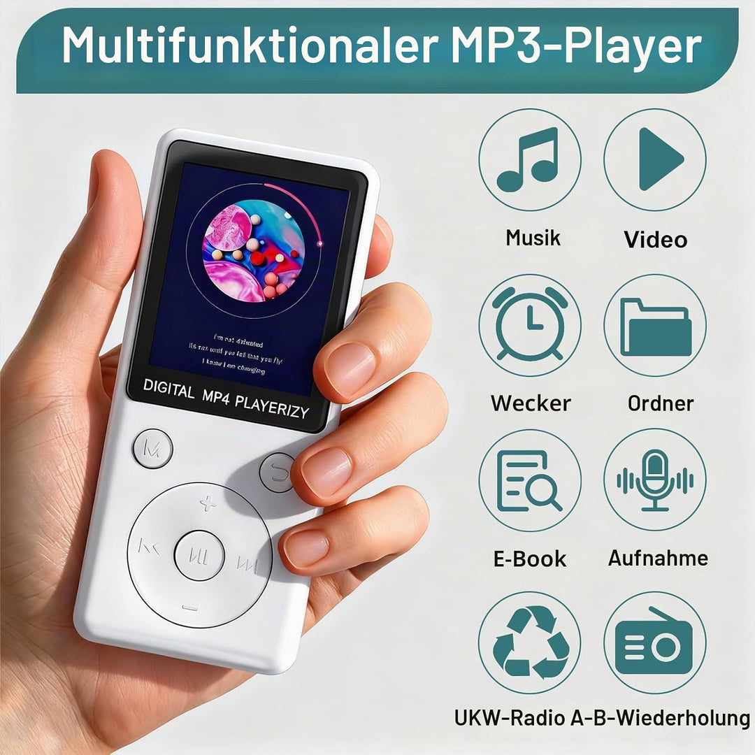 MP3 Player mit Bluetooth 5.2, 32GB Speicherkarte, 1,8 Zoll TFT Farbbildschirm, tragbarer Musikplayer