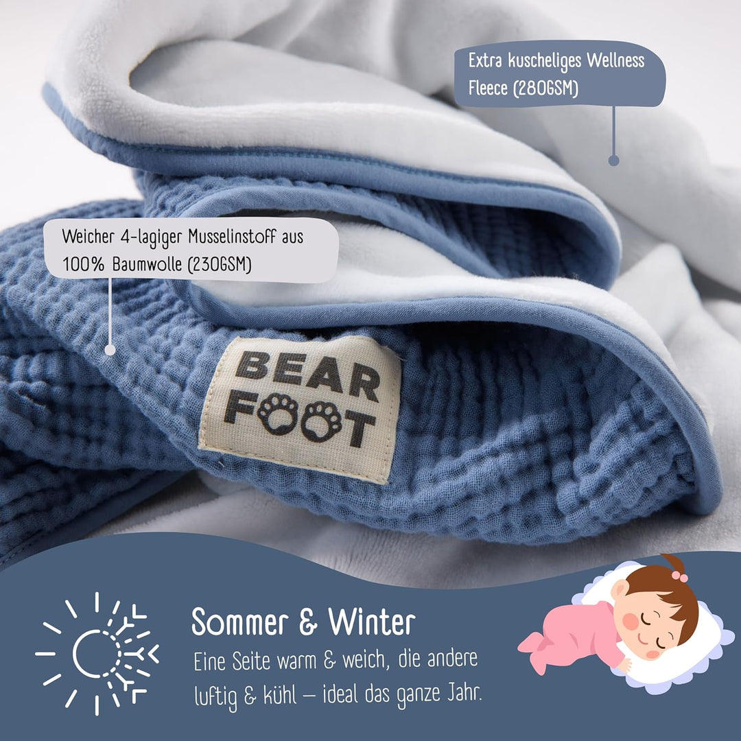 BEARFOOT Babydecke - Musselin Fleecedecke (Baumwolle, Fleece) flauschig weiche Kuscheldecke, Baby/Ne